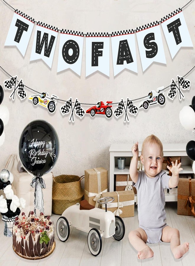 FEXICHUJI Two Fast Birthday Banner, Racing Theme Party Supplies Decorations with Race Cars, Flags, Tracks and More, Vintage 2nd Birthday Photo Backdrop Props for Boys - Image 5